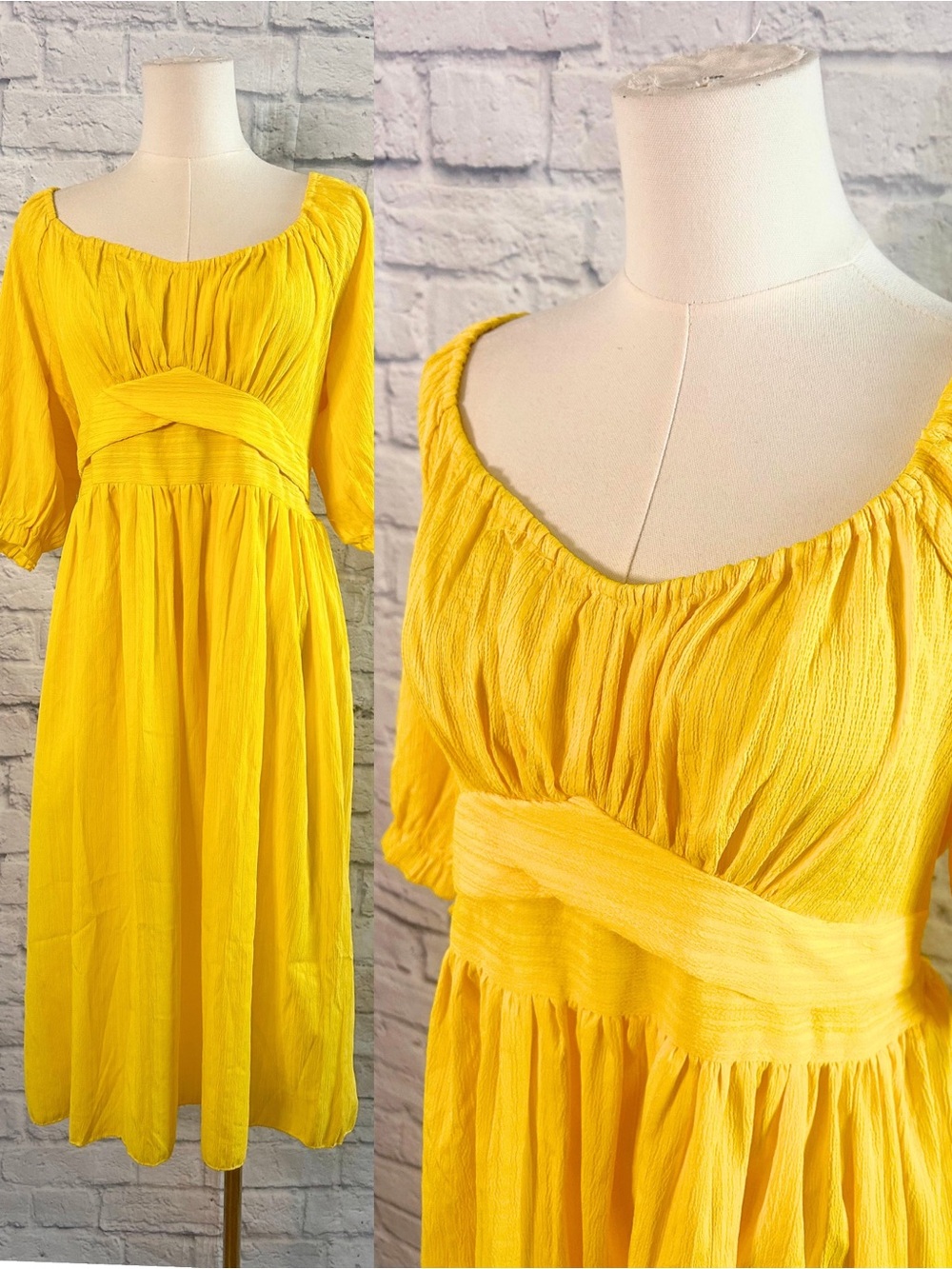 NWT Yellow Dress Empire Waist Grecian Travel Vacation Cruise Midi Colorful Flowy